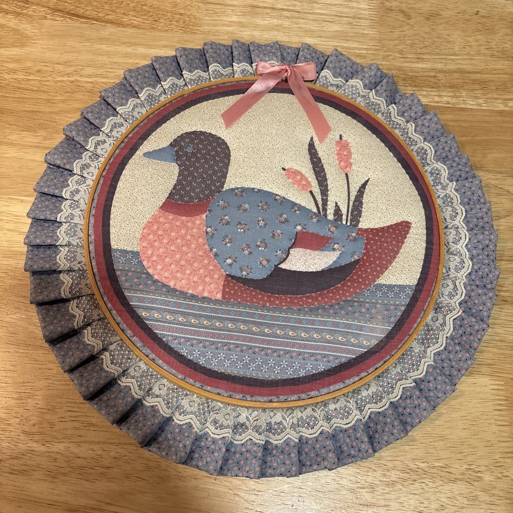 Vintage Quilted Cloth Wood Round Ring Duck Wall Hanging Lace 16" Cottagecore